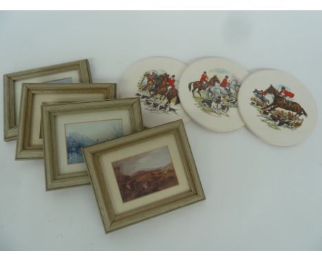 Three H & R Johnson round ceramic tiles decorated with hunting scenes together with various small framed hunting prints
