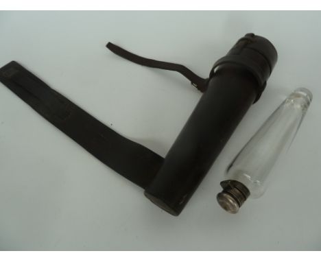 A conical glass hunting flask with silver hinged top marked 'JD&S' and contained in a leather holder for saddle mounting. Hol