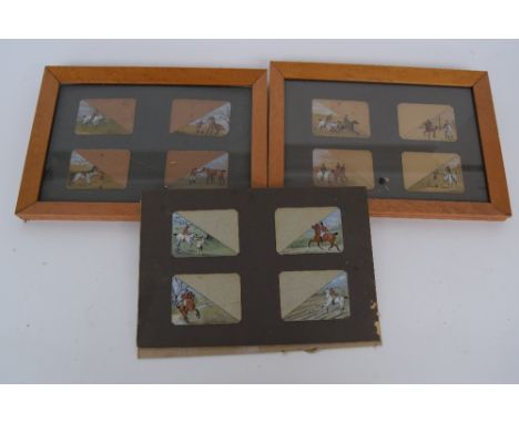 A set of 12 19th century hunting charicatures, watercolour and body colour depicting various hunting scenes