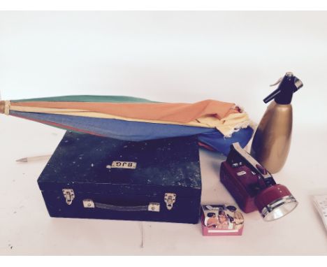 A vintage Sparklets England soda syphon and ten syphon bulbs together with a Space beam torch and small wooden toolbox 38x 25
