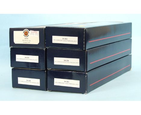 Bachmann OO gauge, five LMS maroon 57ft corridor coaches and a 50ft parcel van, all boxed, (6).