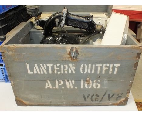 A 6" hand signalling lantern marked "Patent WA98", serial number G3852, in box with spare lamps, box stencilled "Lantern Outf
