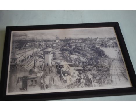 A FRAMED GEORGE PHOENIX PRINT OF WEST PARK EXHIBITION, WOLVERHAMPTON, 1902, signed lower right in pencil Geo Phoenix, frame s