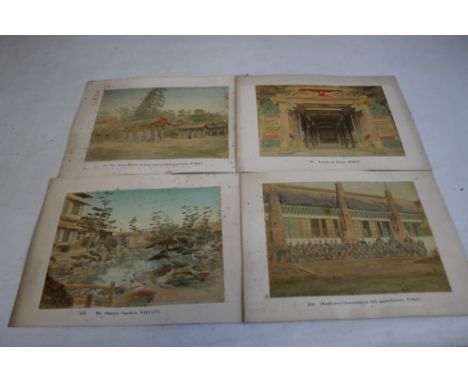 FOUR COLOURED PRINTS OF JAPANESE SCENES comprising No. 70 "Two Stone Basins for holy water (Omizuya) Shiba TOKIO", No. 93 "Te