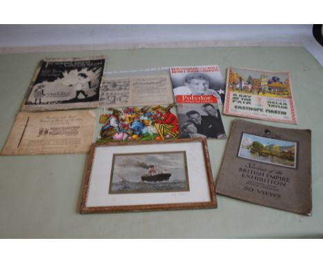 A QUANTITY OF EPHEMERA to include a framed "Big Steamers" print, a "Souvenir of the British Empire Exhibition 1924, 50 views"