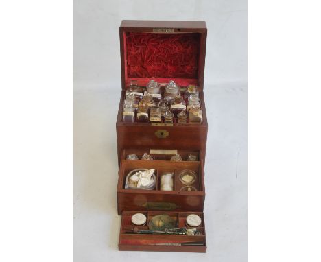 A VICTORIAN MEDICINE CHEST, with fitted interior, top section containing 16 original glass bottles, some with labels, the dra