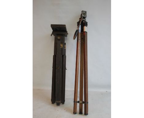 TWO VINTAGE WOODEN EXTENDING CAMERA TRIPODS