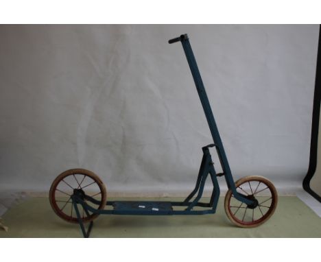 A VINTAGE CHILD'S BLUE PAINTED TWO WHEEL SCOOTER, with solid rubber tyres