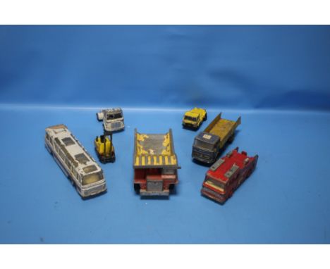 SEVEN MIXED DINKY VEHICLES to include Aveling Baford Centaur Dump truck, Vega Major luxery coach, Mercedes Benz LP 1920, ERF 