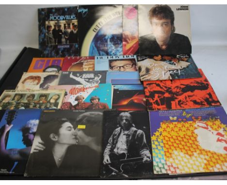 TWENTY-SIX LP RECORDS to include David Bowie x 2, Dire Straits x 2, moody Blues x 3, Monkees (Double), ZZTop, Billy Idol, Haw