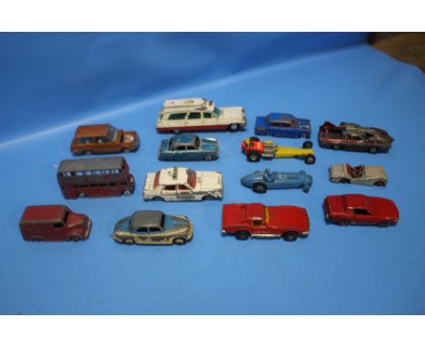 FOURTEEN VINTAGE DINKY VEHICLES to include 370 Fireball dragster, Triumph TR2, Corvette Stingray, Rover 75, Ford Zephyr etc.