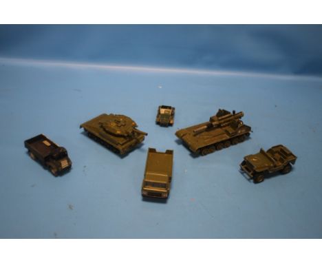 SIX DINKY MILITARY VEHICLES to include 155mm mobile gun, Alvis Scorpion and Striker, US jeep, Scout car, army wagon and open 