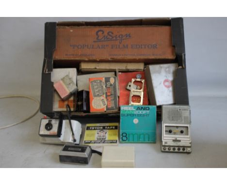 TWO BOXES OF ASSORTED PHOTOGRAPHIC EQUIPMENT, to include a vintage Polaroid 'Swinger' camera, Kodak examples, splicers etc.