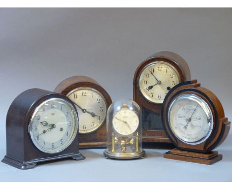 Five old mantel clocks, including Smiths Bakelite, and a Short and Mason barometer