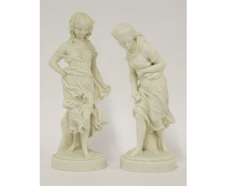 A pair of Royal Worcester parian ware figures, circa 1870, titled 'Before the Wind' and 'Against the Wind', impressed marks, 