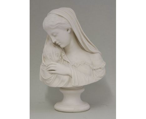 A Copeland parian bust of a young mother, 1871, wearing a head scarf, tenderly holding her baby visible under the gauzy fabri