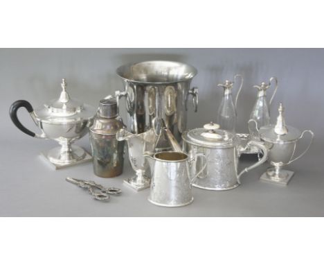 A collection of silver plated items, including an Aesthetic teapot, and a cocktail shaker