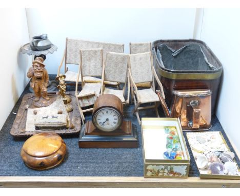 A brass bound wine cooler, a/f, a mantel clock, marbles, dolls' folding chairs, copper coffee pot, etc