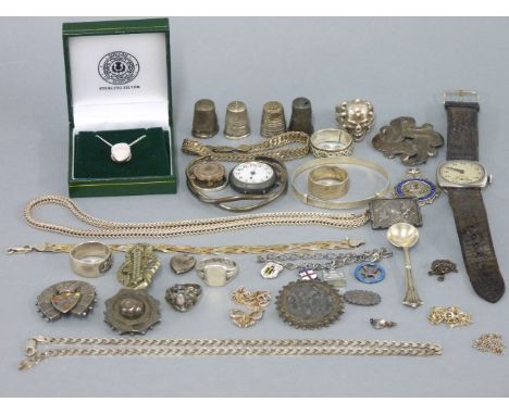A gentleman's sterling silver mechanical strap watch, and assorted silver jewelllery