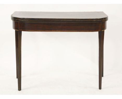 A George III crossbanded and inlaid mahogany fold-over card table, on square tapering legs, 91cm wide