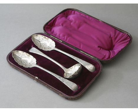 A cased set of silver spoons, with later engraved decoration, ladle Eley & Fearn, London, 18oz, fruit spoons John Swift, Lond