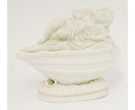 A Royal Worcester vase, 1872, in the form of a sleeping child, grasping bulrushes on a conch, the base with seaweed and shell