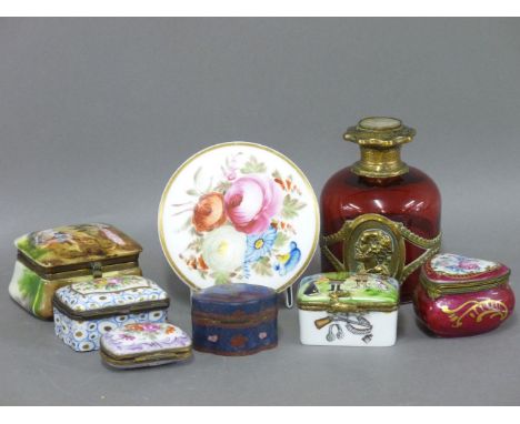 An English porcelain powder box, with hand painted floral decoration, five French porcelain trinket boxes, a Chinese example,