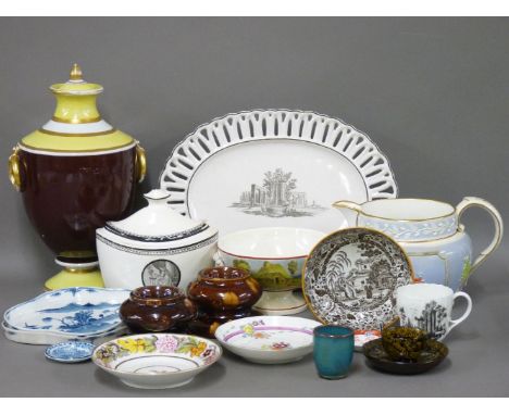 A Davenport vase and cover, painted with flowers in a panel, a collection of tea bowls, plates, printed wares, and a pair of 