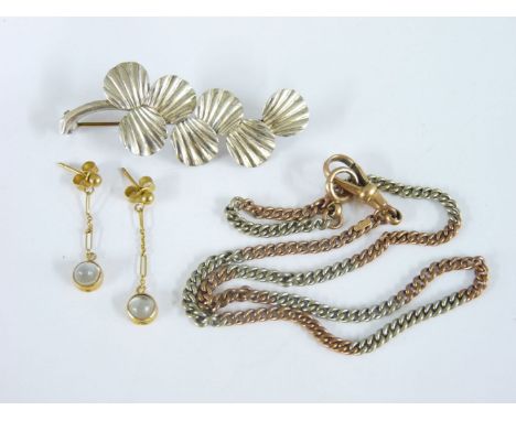 A pair of Edwardian gold moonstone drop earrings, a two colour watch chain marked 9c, and a Danish 800 standard silver brooch