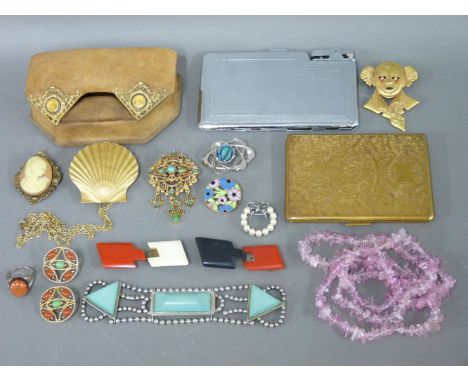 A quantity of costume jewellery, to include bakelite, a sterling silver tin, and Sarah Coventry earrings