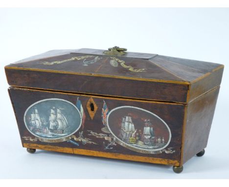A George III mahogany tea caddy of sarcophagus shape, with later painted marine decoration, 28cm wide