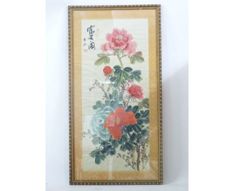 A modern Chinese scroll painting of flowers, signed, 114 x 56cm