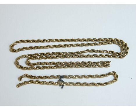 A broken gold rope chain, tested as approximately 14ct