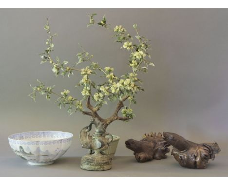 A Chinese jade and glass flowering prunus, in a hexagonal celadon jardinière, 60cm high, and four further pieces