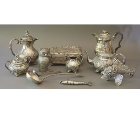 A silver plated casket, decorated with shooting motifs, 21cm long, a four piece EPBM tea service by John Turton, and six furt