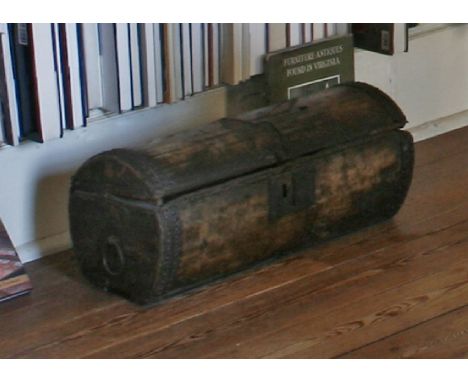 A late 18th/early 19th century officer's ‘Woolwich’ trunk, pigskin bound with studwork bindings and a blacksmith made lock, t