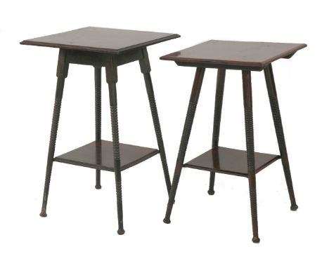 Two walnut occasional tables, after a design by E W Godwin, with square tops, ring turned supports, each with an undertier, 4