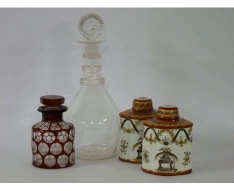 A George III style decanter and stopper, 28cm high, a ruby flask dipped bottle and stopper, 13cm high, and a pair of Continen