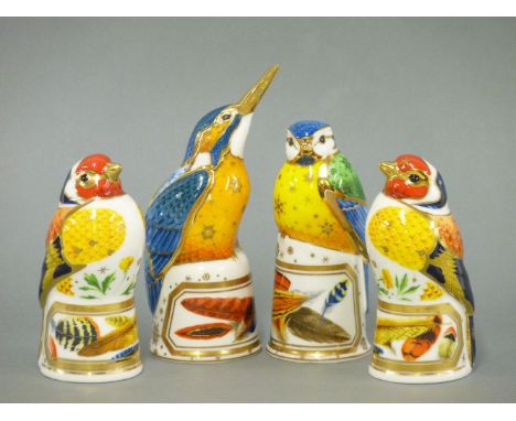 Four Royal Worcester 'Connoisseur Collection' snuffers, goldfinch, blue tit, kingfisher, all boxed