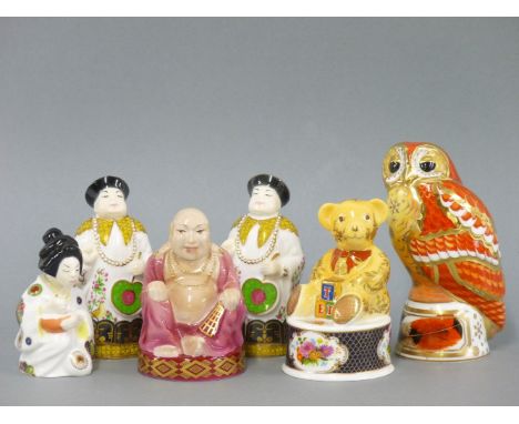 A collection of six Royal Worcester 'Connoisseur Collection' snuffers, a teddy bear, tawny owl, two mandarins, a Japanese gir