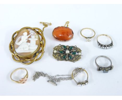 An early 19th century gold agate brooch, an Austro Hungarian brooch, a 9ct gold two colour ring, a 9ct gold cubic zirconia ri