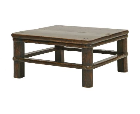 A square stool, Qing, with a two-plank top on rounded end square legs united by a stretcher, 44.5cm wide, 44.4cm deep, 22.4cm