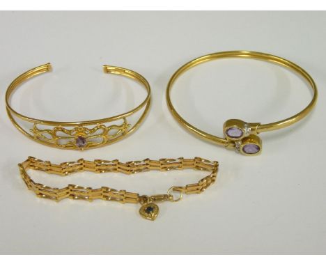 A 9ct gold amethyst and diamond bangle, a 9ct gold amethyst bangle, and a 9ct gold gate bracelet