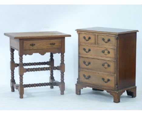 A modern light oak lowboy, and a reproduction small chest of drawers