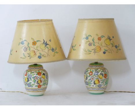 A pair of Bursleyware Charlotte Rhead pottery table lamps, No TL14, with original shades, 16.5cm high