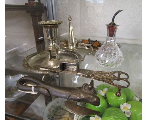 Collection of metalware to include vintage can opener, candle snuffer etc