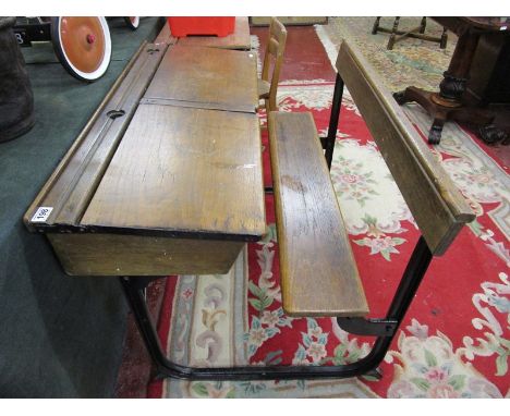 Vintage double school desk with integrated bench