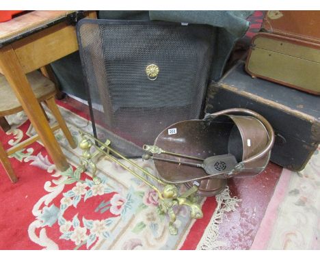 Copper coal hod, fire dogs, fireguard etc