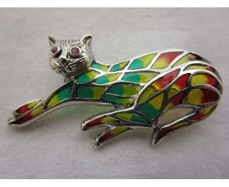 Silver &amp; champlevé enamel stone set cat brooch