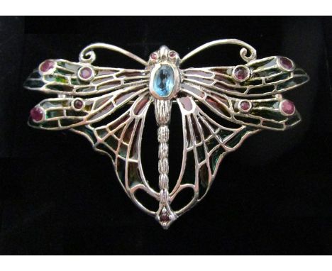 Silver &amp; champlevé enamel stone set butterfly brooch